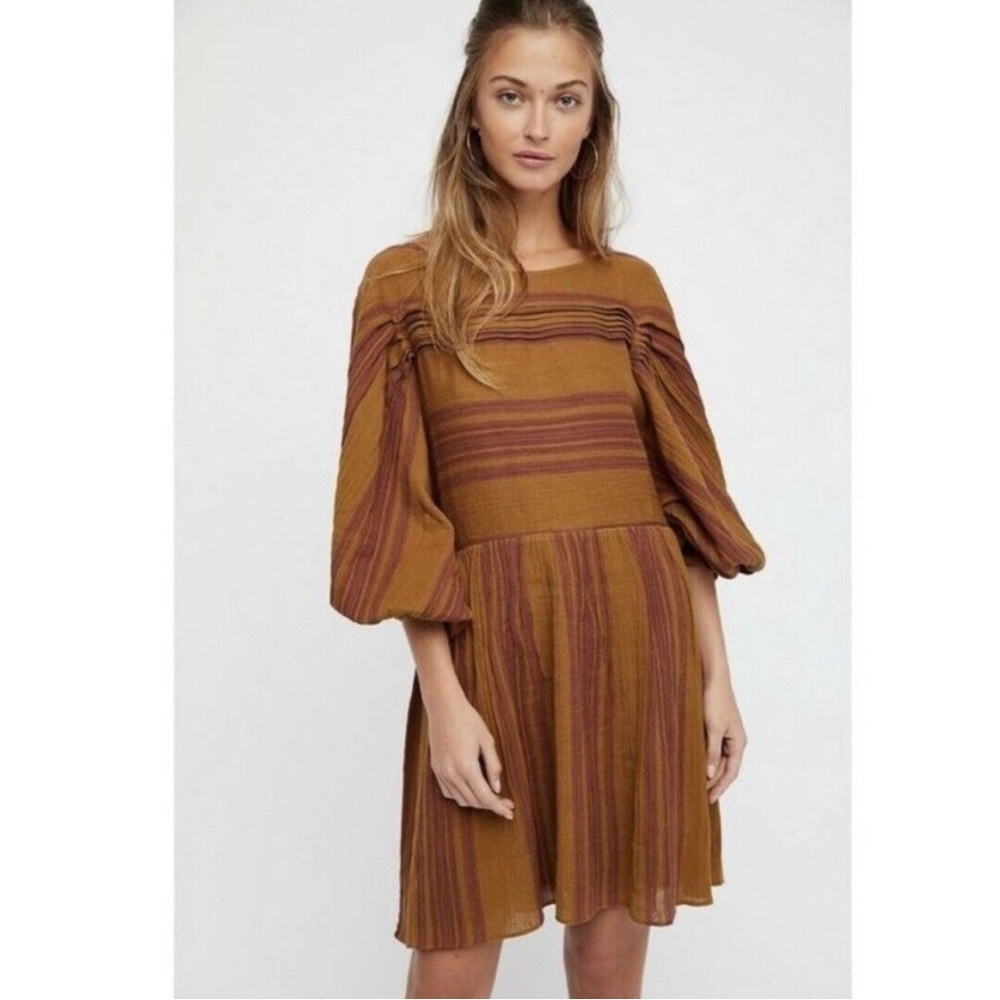 Free People Striped Lily Mini Dress Balloon Sleeves Rich Colors Size XS